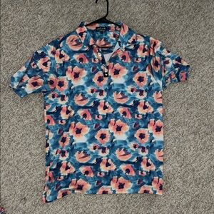 (L) Bad Birdie Blue and Orange Floral Polo Shirt